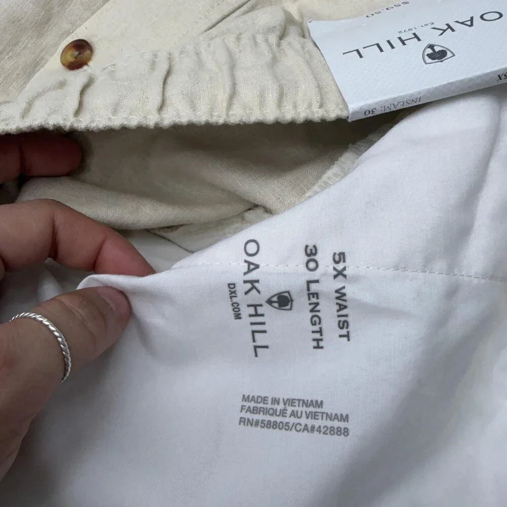 Oak Hill Pants Mens Big 60x30 5XL Beige Relaxed Fit Linen Chino Drawstring